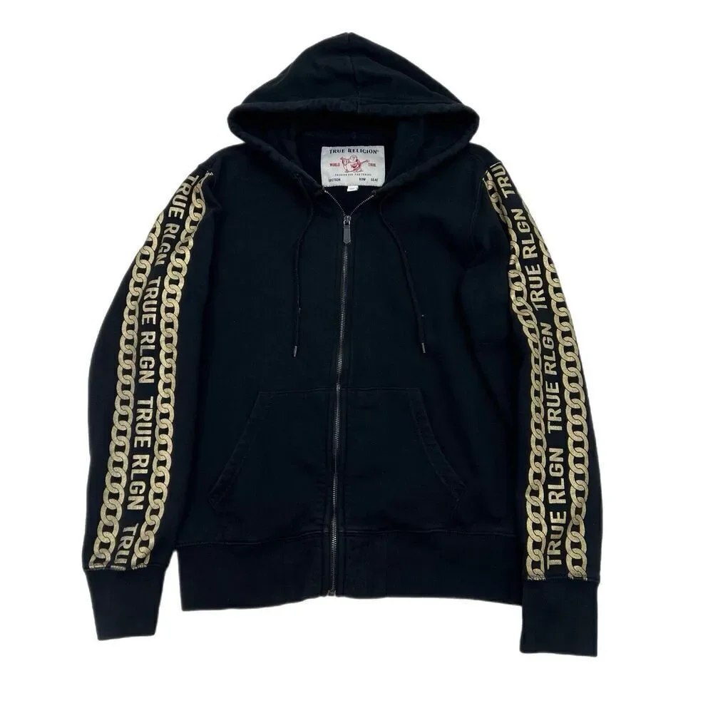 True Religion Hoodie Mens Small Black Gold Chain Spell Out Sleeves Full Zip